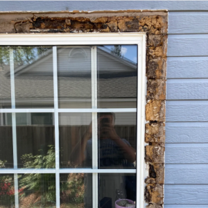 Rotting wood framing exposed around a window after siding failure, showing moisture damage hidden behind exterior siding in a Seattle home.