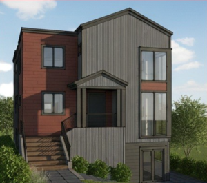 Exterior design rendering for a Madison Valley home showing proposed modern siding materials, window layout, and architectural updates as part of a design-build process.